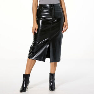 Colleen Lopez Black Faux Leather Midi Pencil Skirt with Slit Medium NWT